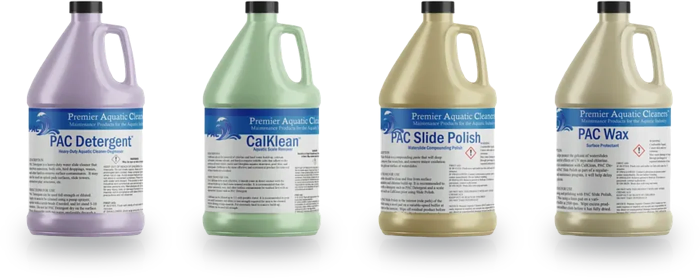 The Premier Aquatic Cleaners product line: PAC Detergent, CalKlean, PAC Slide Polish, and PAC Wax
