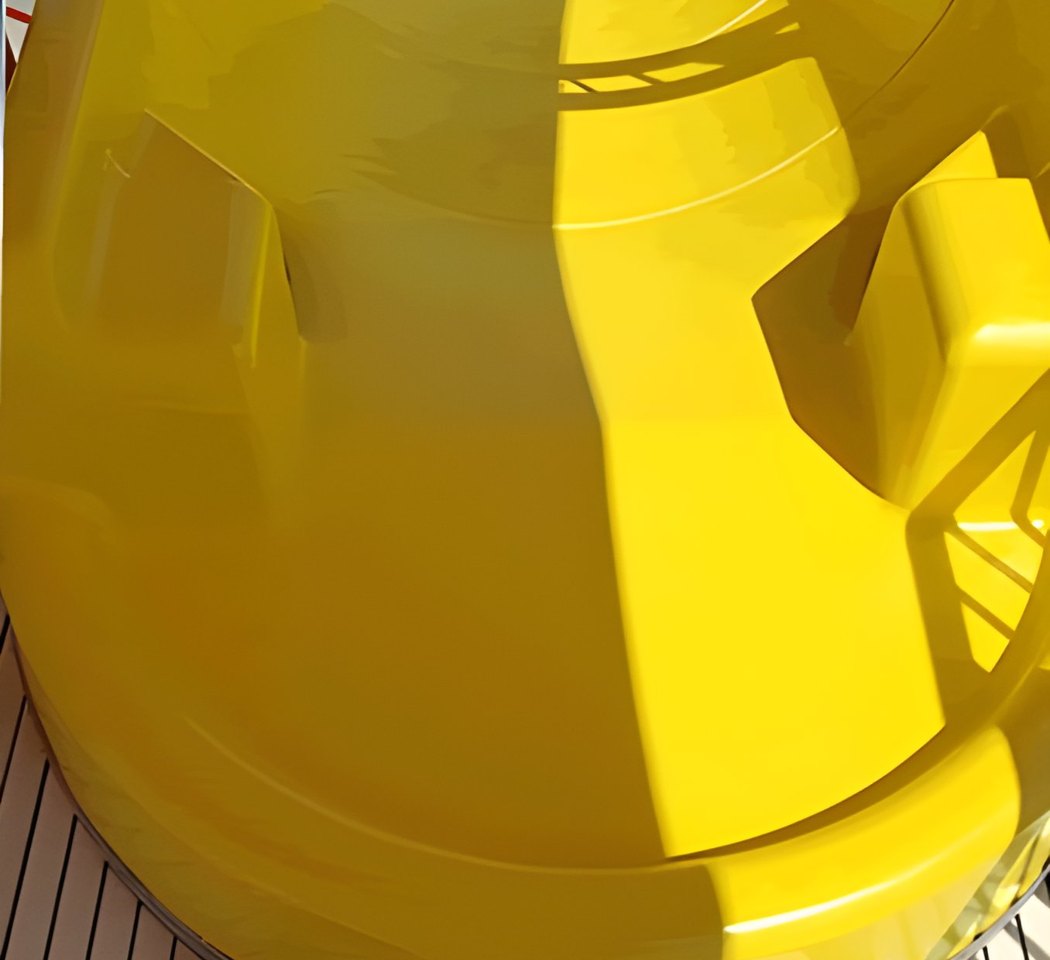 Vivid yellow aquatic play feature after restoration