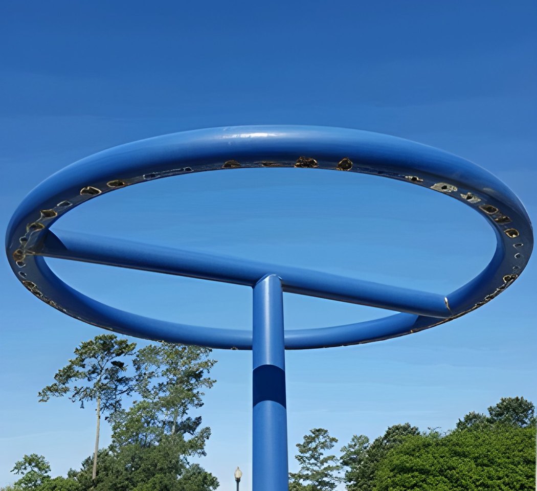 Rusted water feature ring structure before restoration
