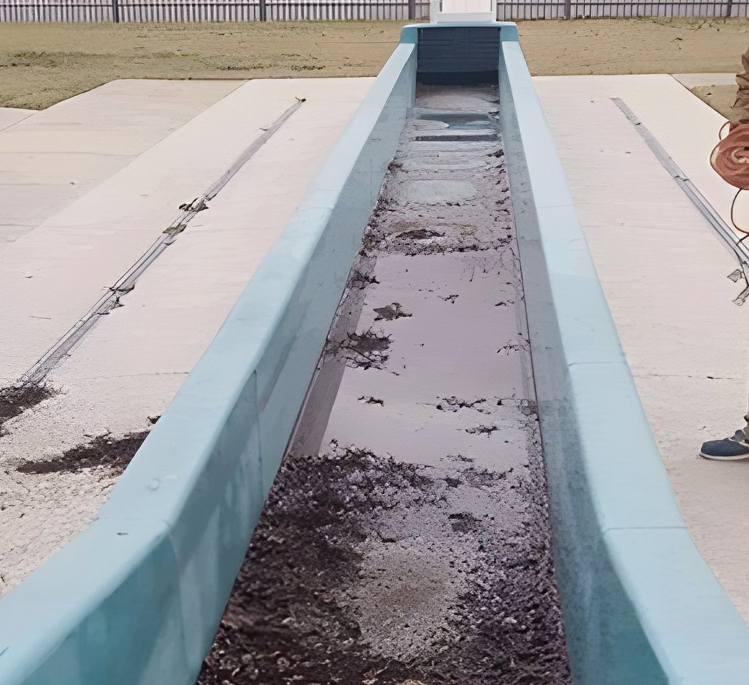 Weathered waterslide channel before restoration